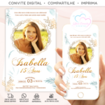Convite 15 Anos com Foto Digital Dourado com Verdes - Imagem 2